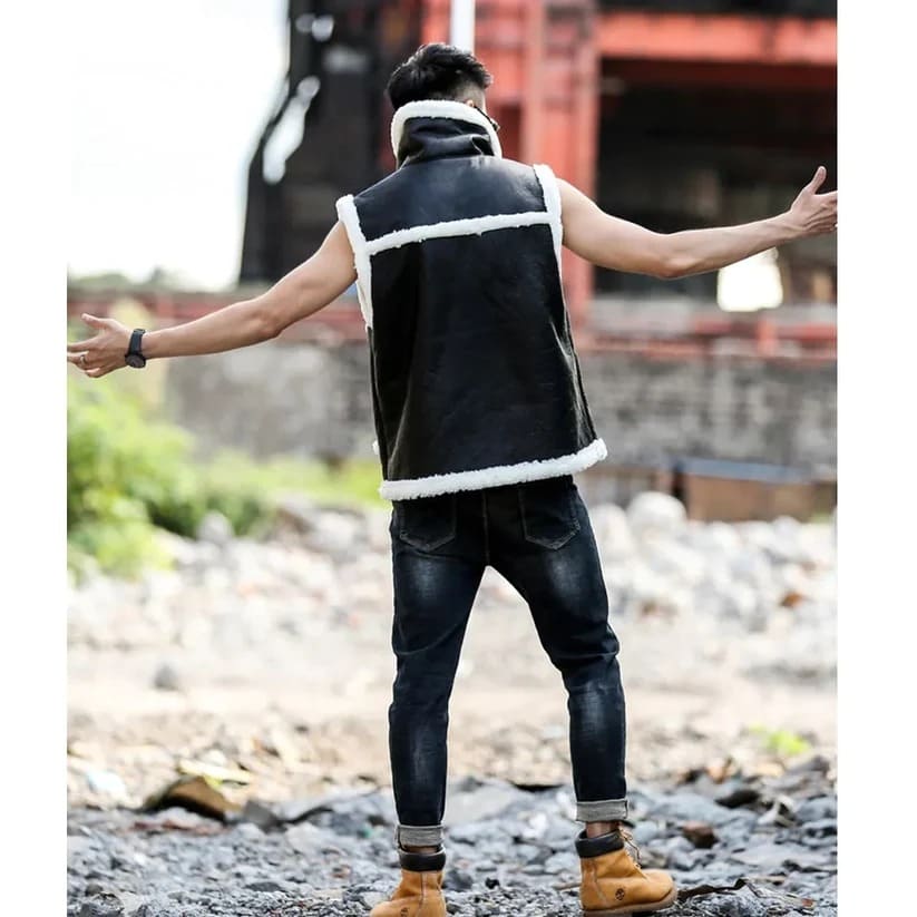 Black Shearling Leather fur Vest for Men