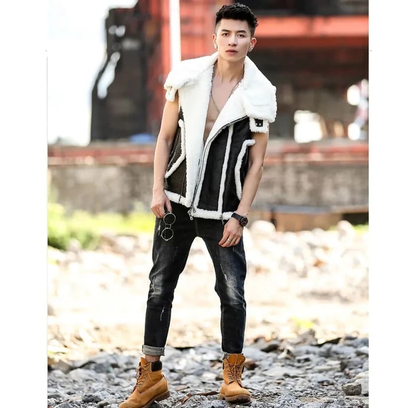 Black Shearling Leather fur Vest for Men