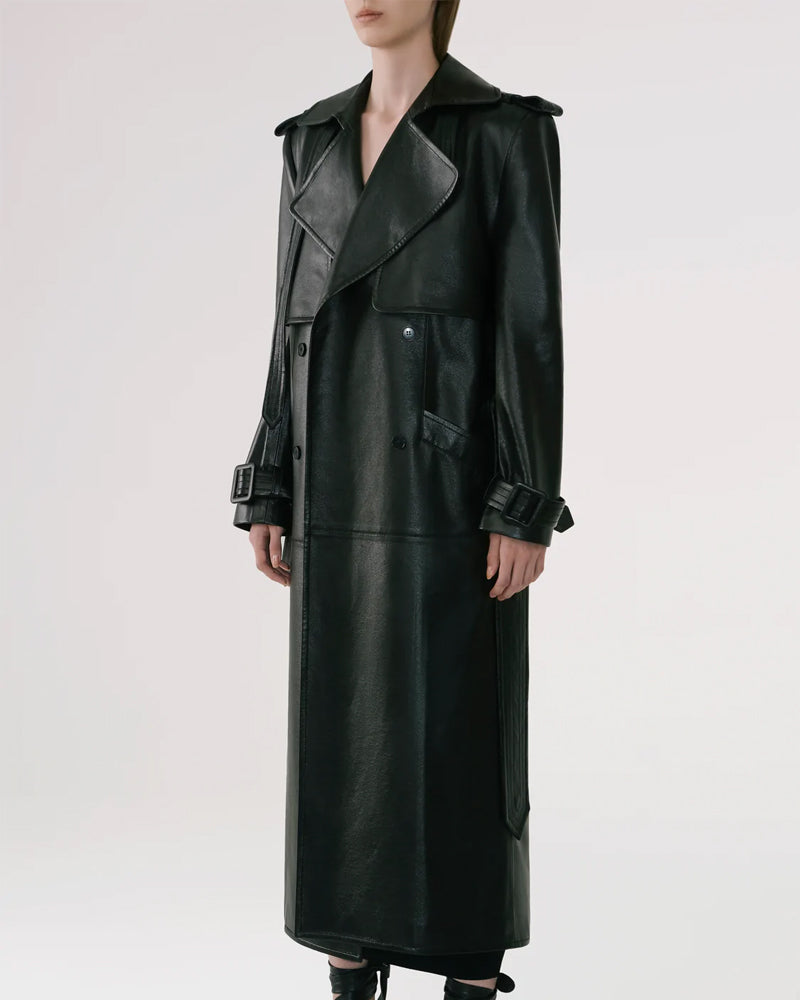 Black Sheepskin Leather Duster Trench Coat - Elegant & Warm