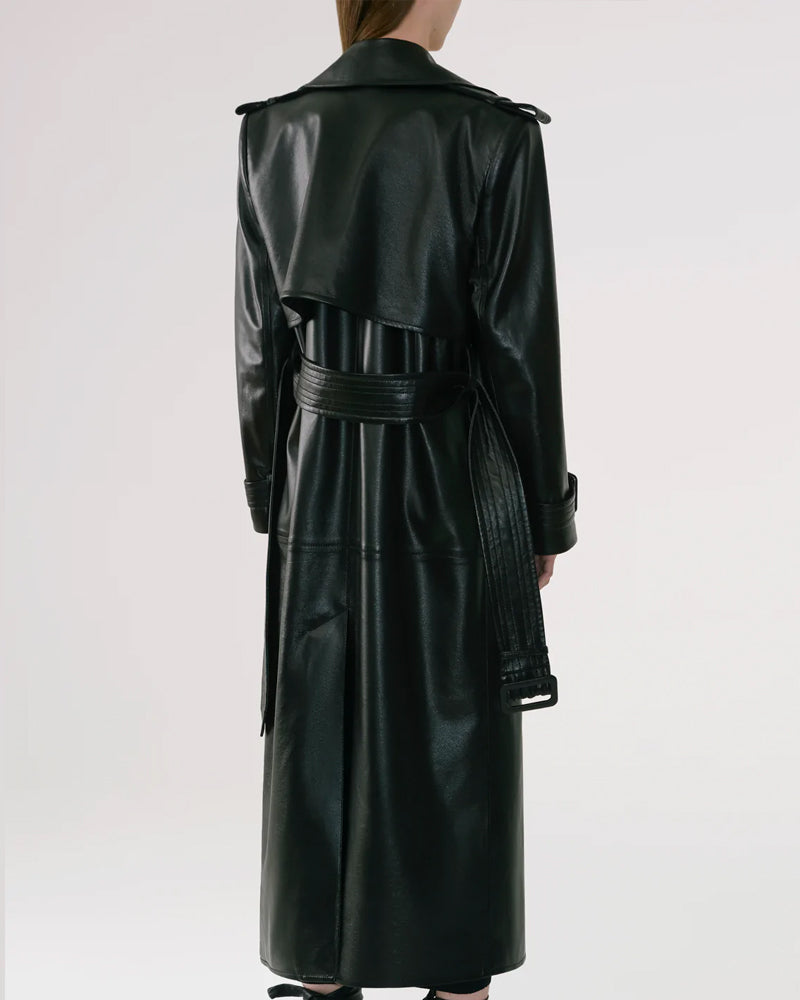 Black Sheepskin Leather Duster Trench Coat - Elegant & Warm