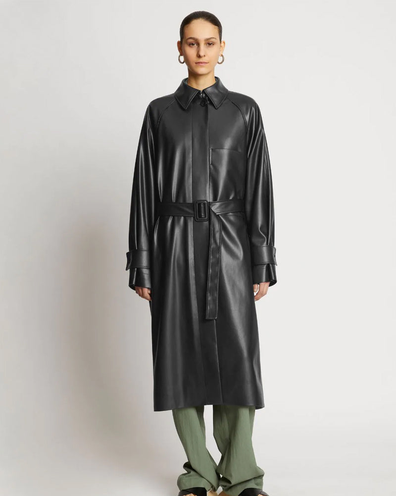 Black Sheepskin Leather Plain Trench Coat - Classic & Timeless