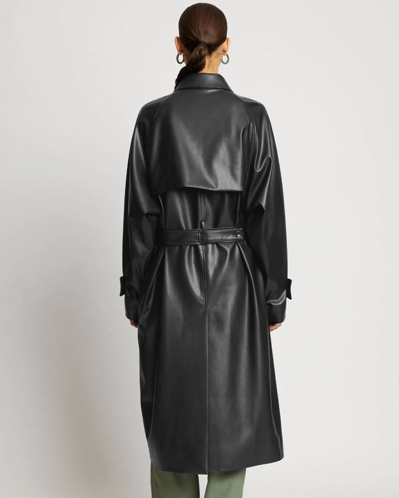 Black Sheepskin Leather Plain Trench Coat - Classic & Timeless