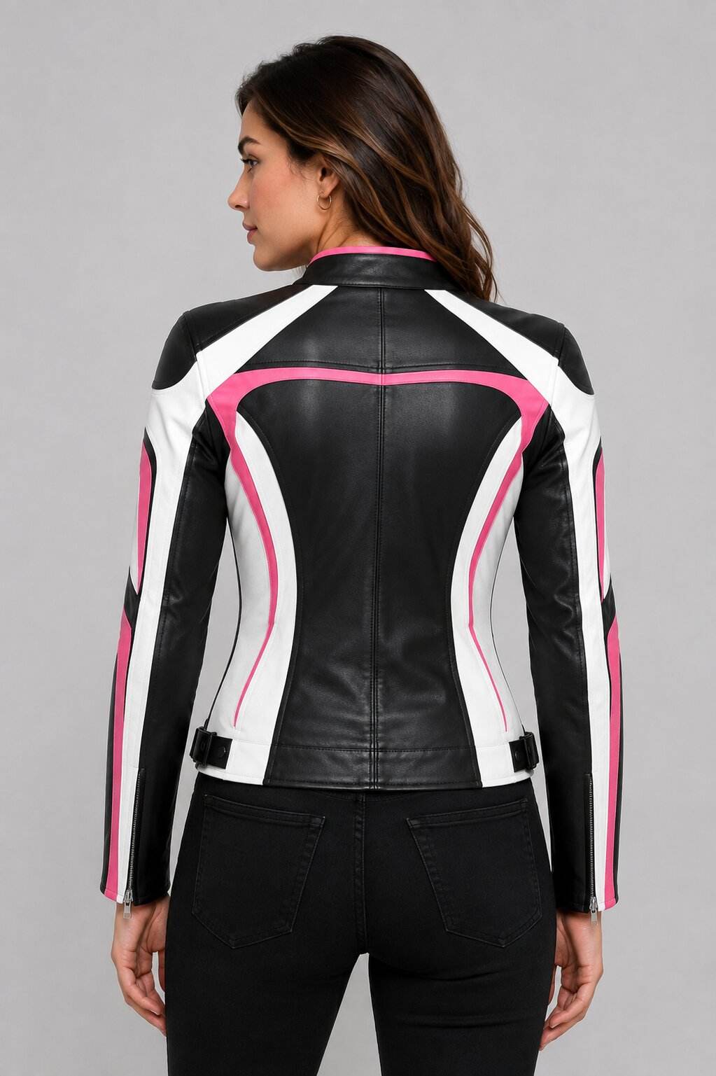 Black White & Pink Leather Motorcycle Jacket | Women's Biker Jacket