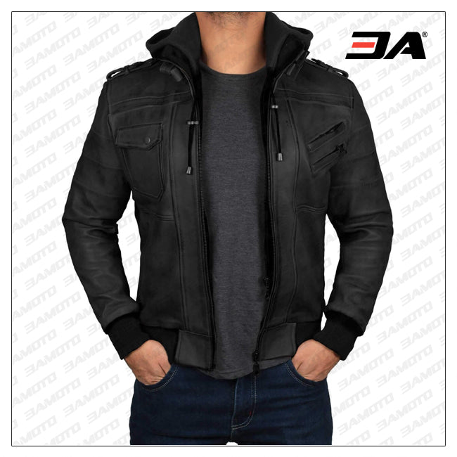 Edinburgh Black Hooded Leather Jacket
