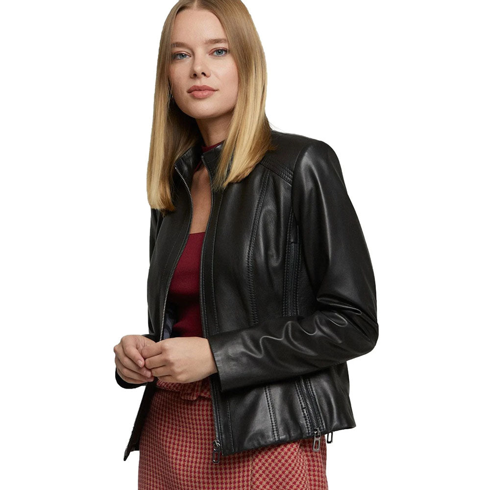 Women Black Motorbike Sheepskin Leather Jacket with Adjustable Zippers