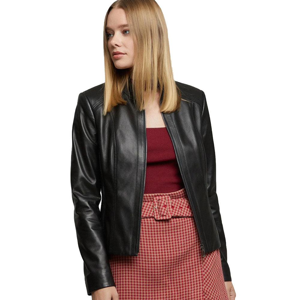 Women Black Motorbike Sheepskin Leather Jacket with Adjustable Zippers