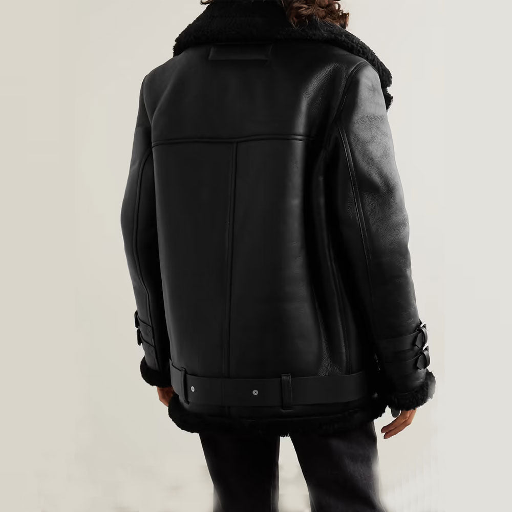 Black Sheepskin Shearling Leather Biker Jacket
