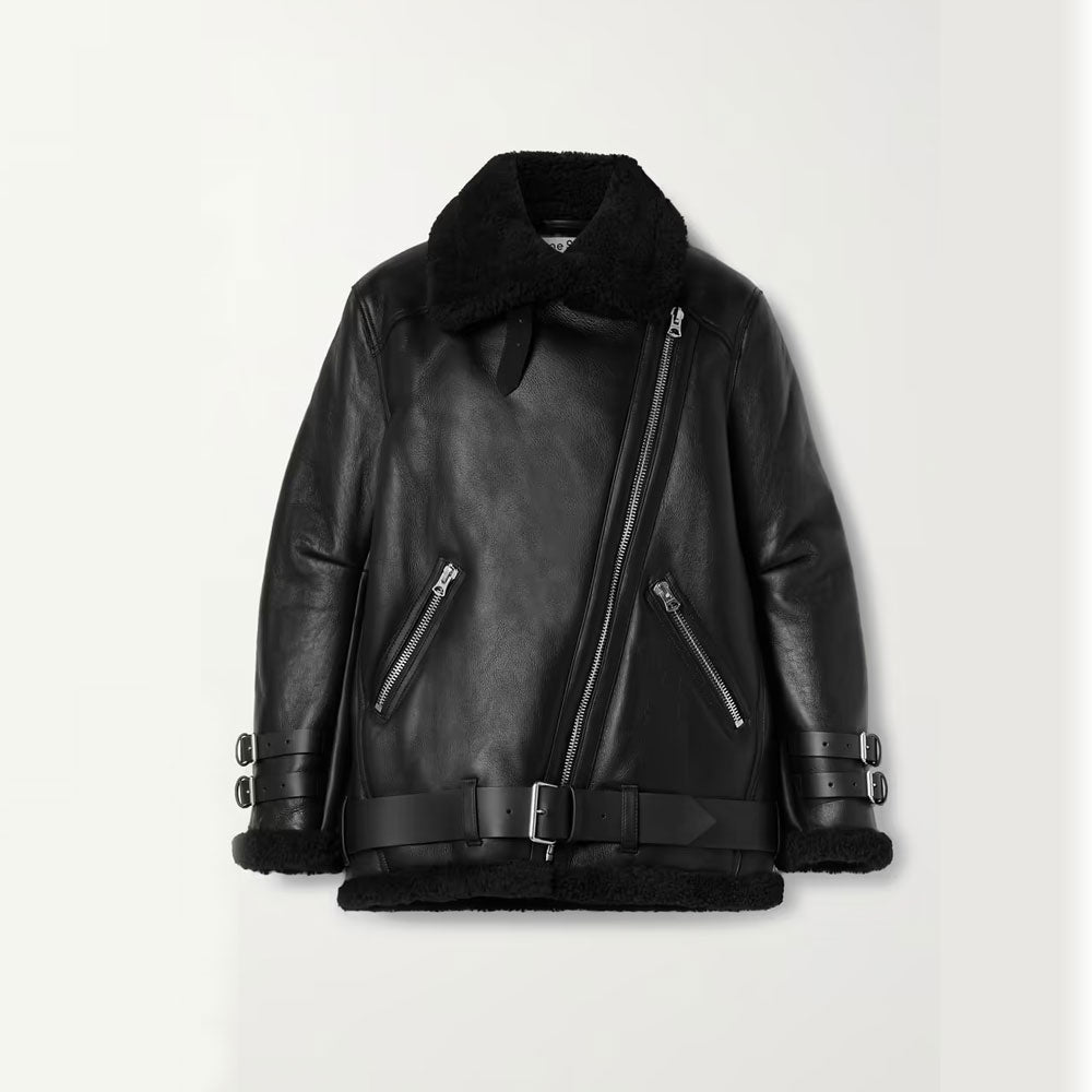 Black Sheepskin Shearling Leather Biker Jacket