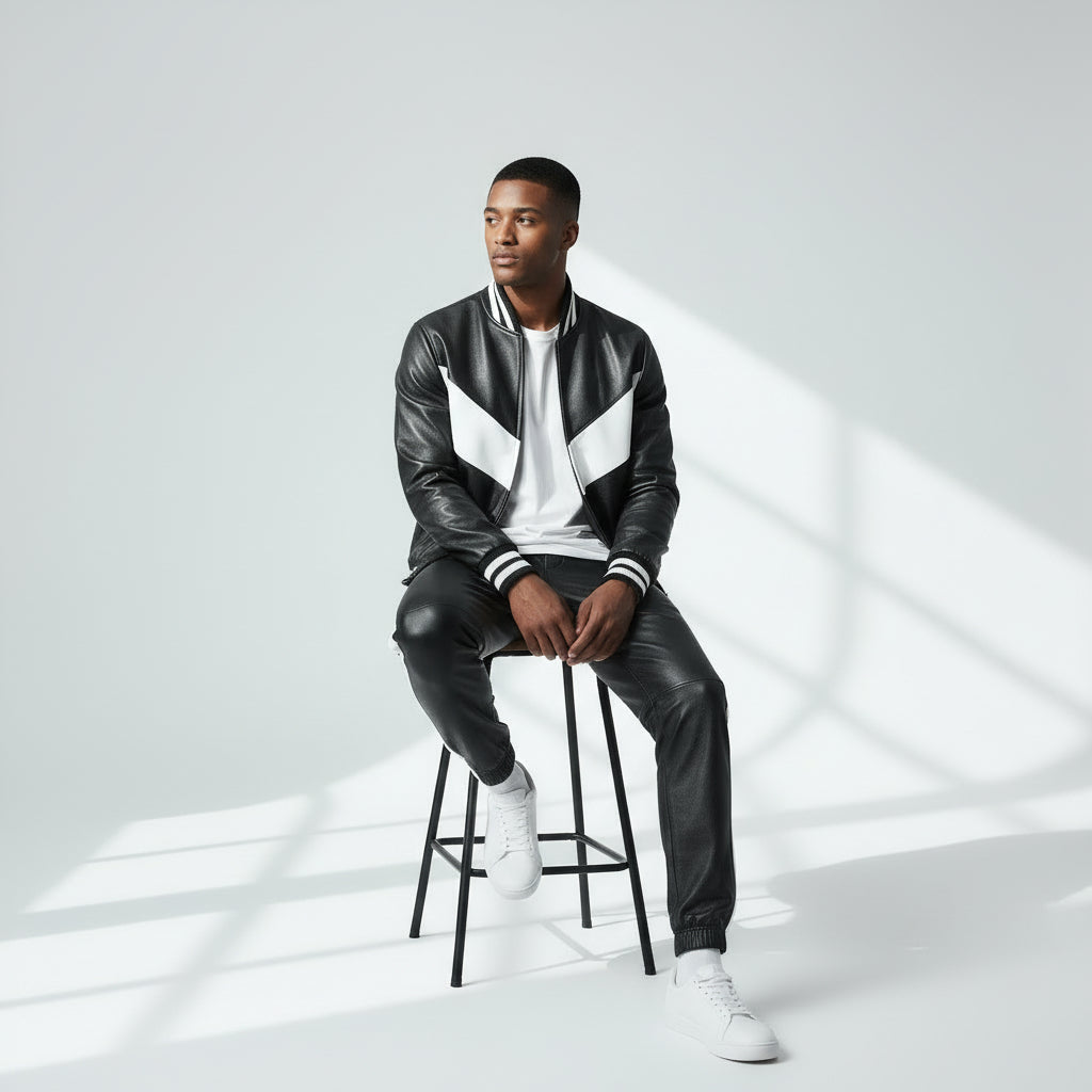 Men's Black Leather Track Suit jogging Sweatsuit