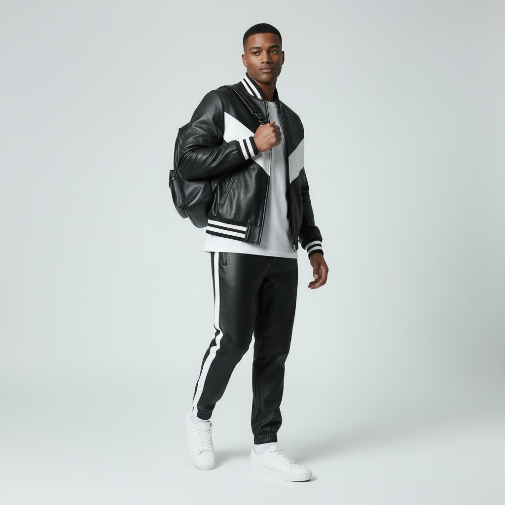 Men's Black Leather Track Suit jogging Sweatsuit