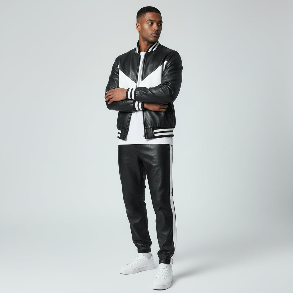 Men's Black Leather Track Suit jogging Sweatsuit