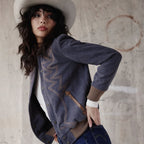 Blue Suede Jacket with Embroidery