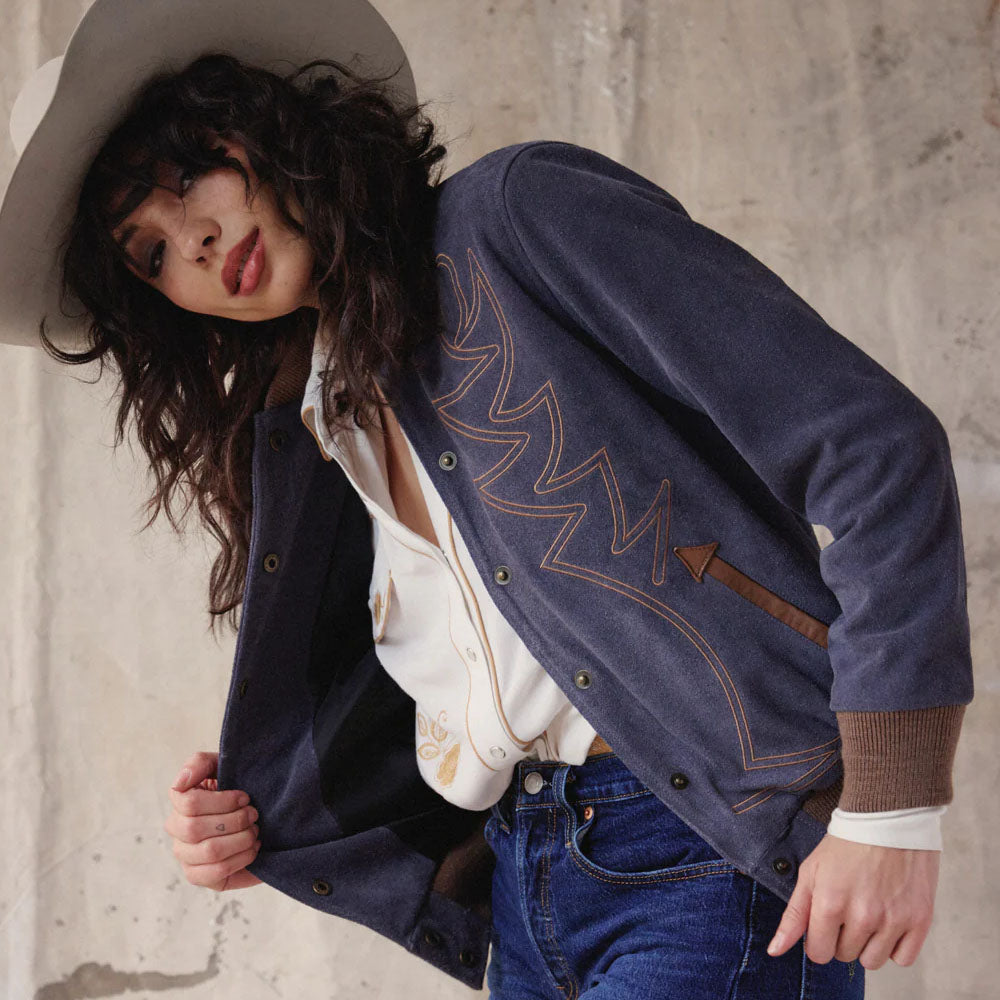 Blue Suede Jacket with Embroidery