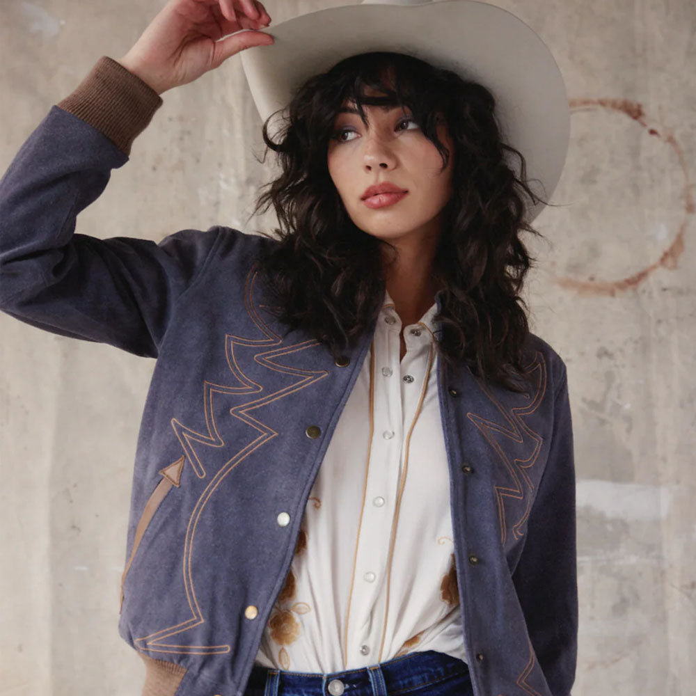 Blue Suede Jacket with Embroidery