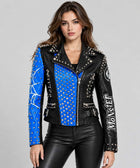 Blue & Black Studded Punk Leather Jacket with Spider Web Sleeves