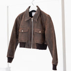 Women Bomber Distressed Brown Oversized Pockets Leather Jacket