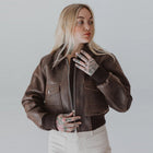Women Bomber Distressed Brown Oversized Pockets Leather Jacket