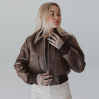 Women Bomber Distressed Brown Oversized Pockets Leather Jacket