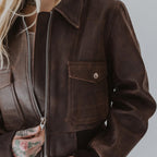Women Bomber Distressed Brown Oversized Pockets Leather Jacket