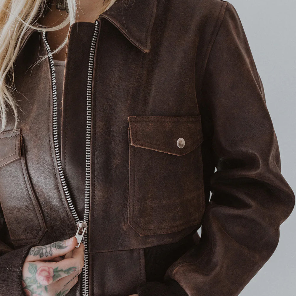 Women Bomber Distressed Brown Oversized Pockets Leather Jacket