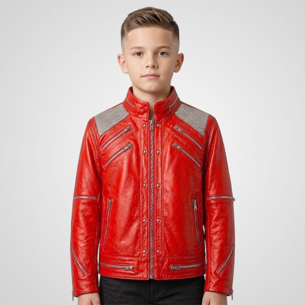 Handmade Boys Red Leather Jacket | Vintage 80s Biker Style