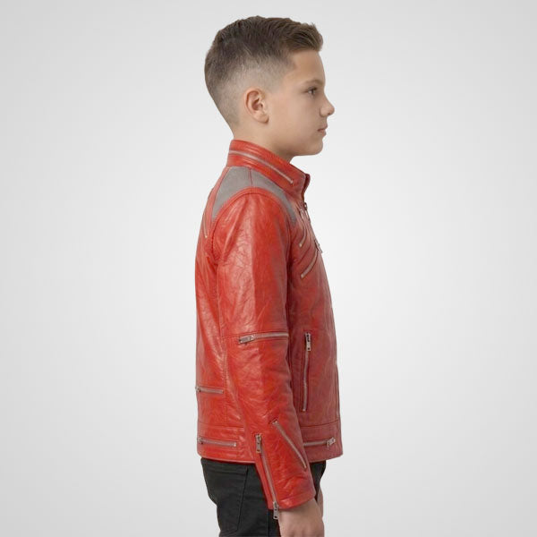 Handmade Boys Red Leather Jacket | Vintage 80s Biker Style
