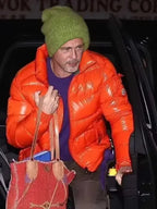 Wolves 2024 Brad Pitt Orange Faux Leather Puffer Jacket
