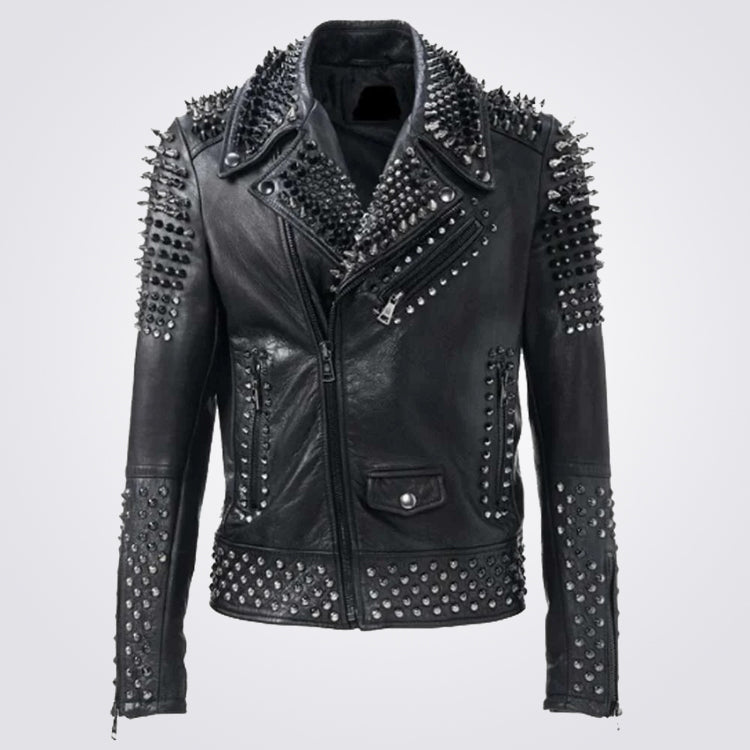 Black And Silver Studded Motorcycle Jacket For Men