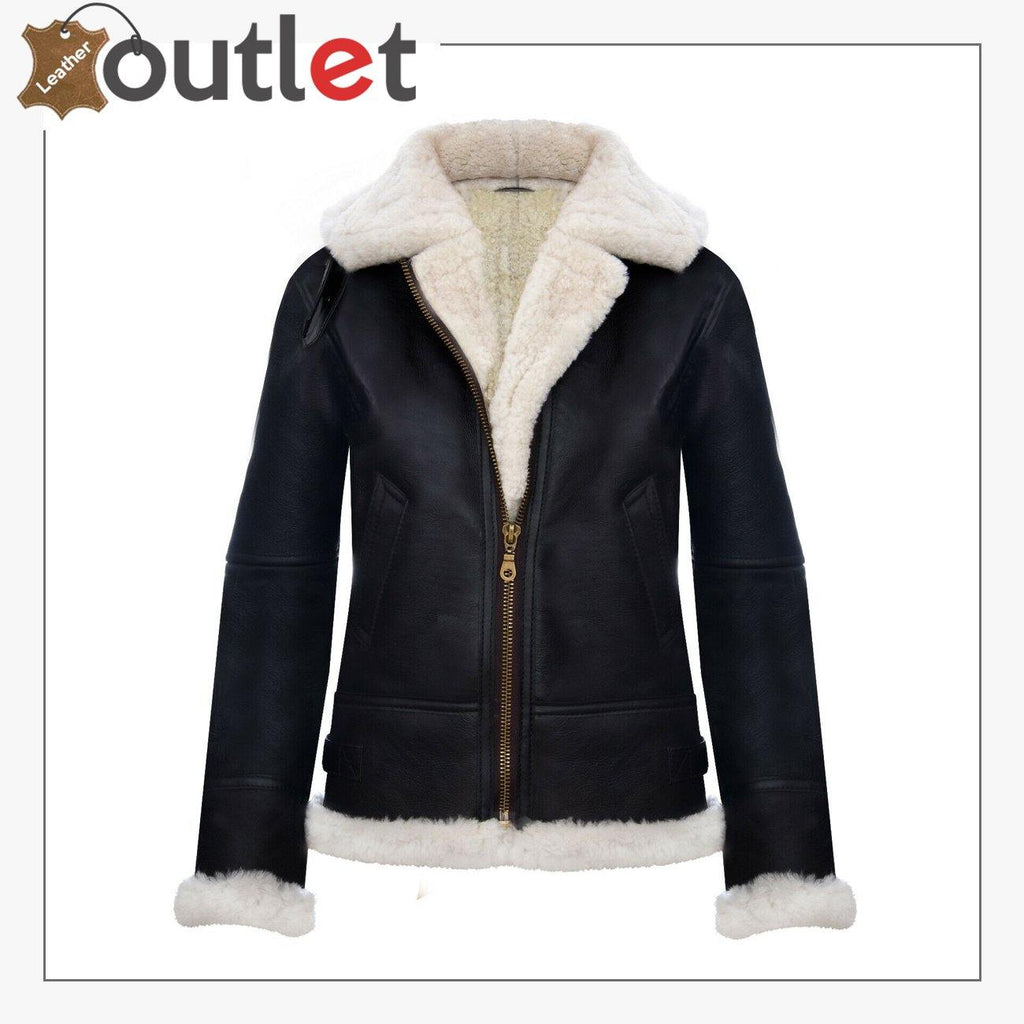 Brown Cream RAF Aviator B3 Womens Hooded Sheepskin Leather Jacket