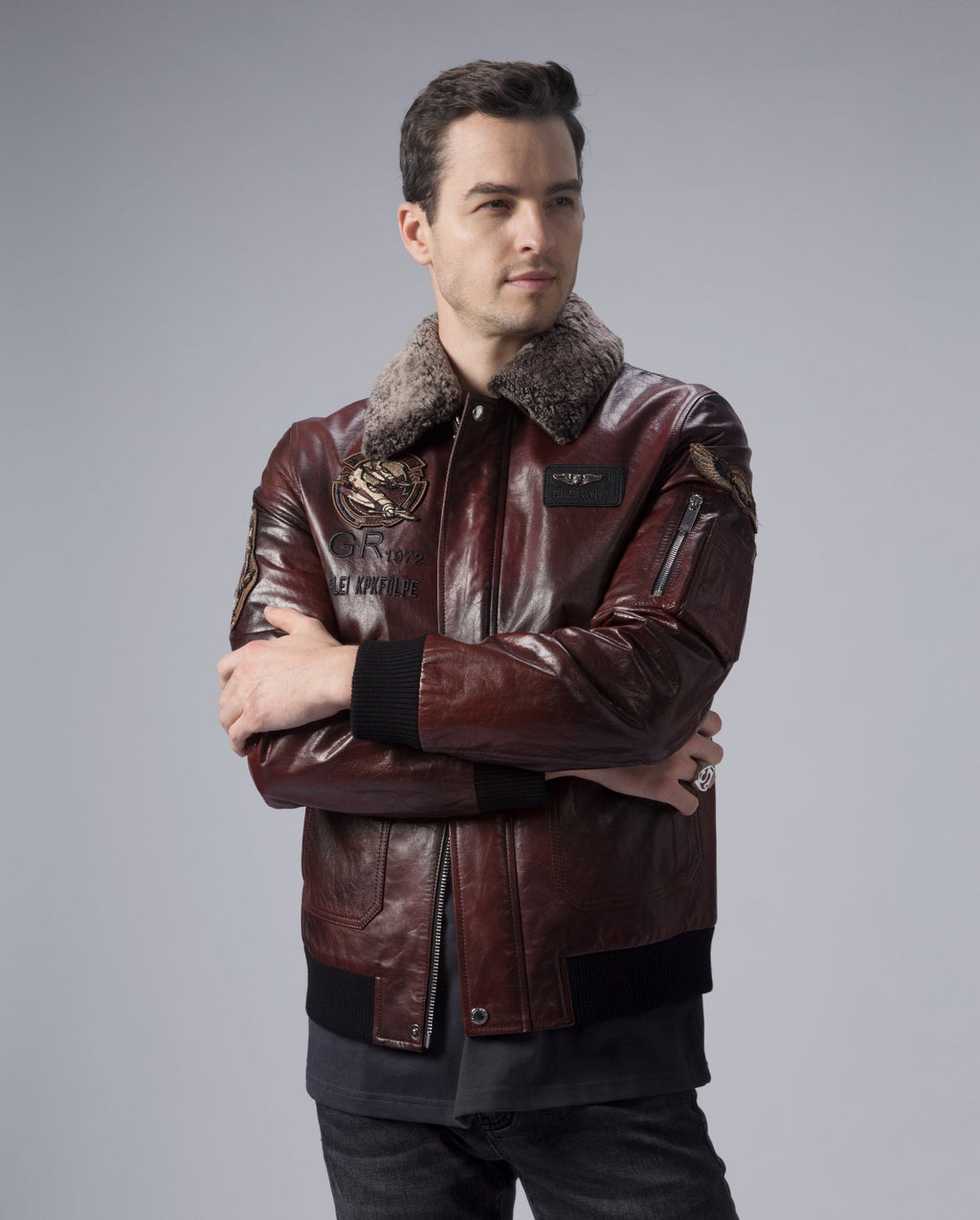 Reddish Brown G-1 Navy Aviator Leather Bomber Jacket with Removable Fur Collar