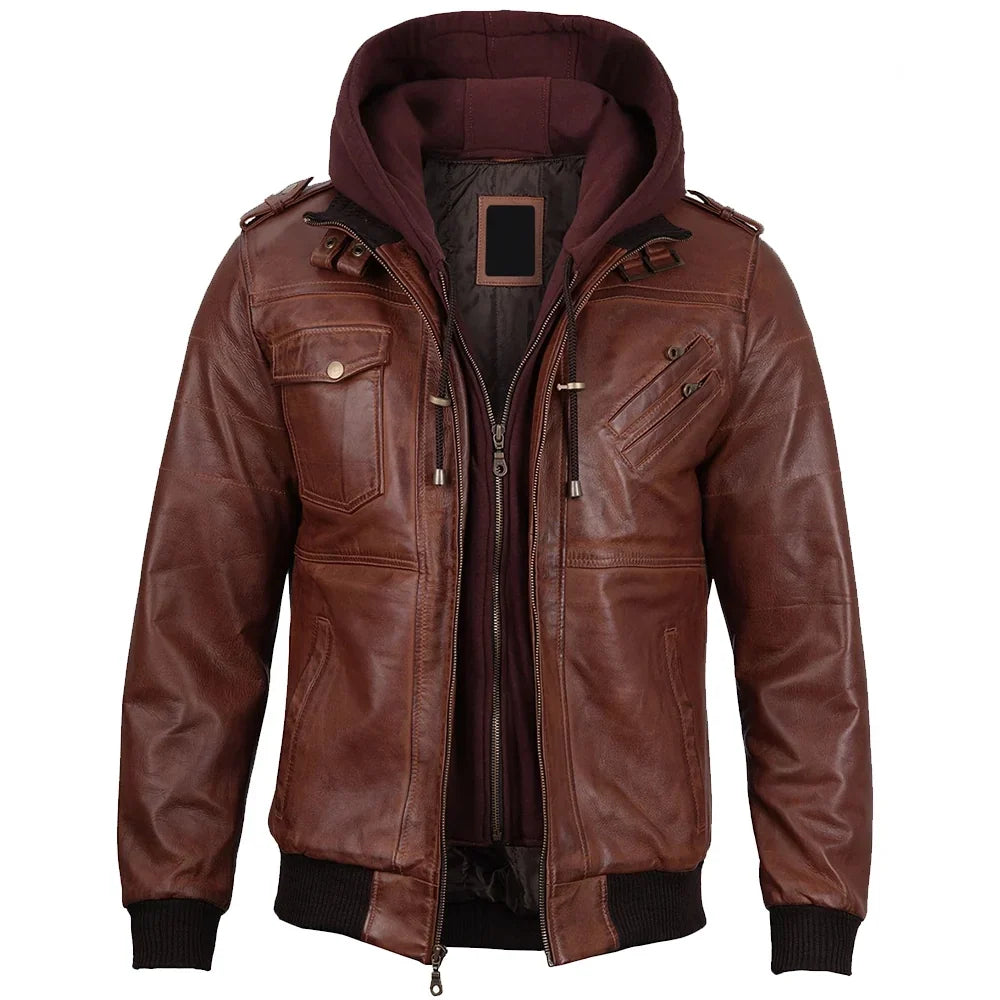 Mens Brown Real Leather Jacket with Detachable Hood