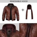 Mens Brown Real Leather Jacket with Detachable Hood