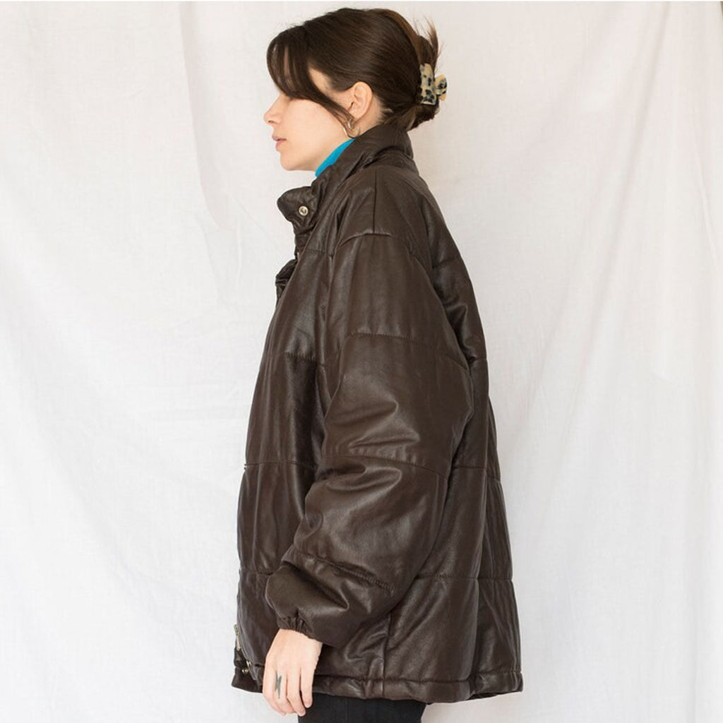Womens Brown Leather Oversized Puffer Jacket
