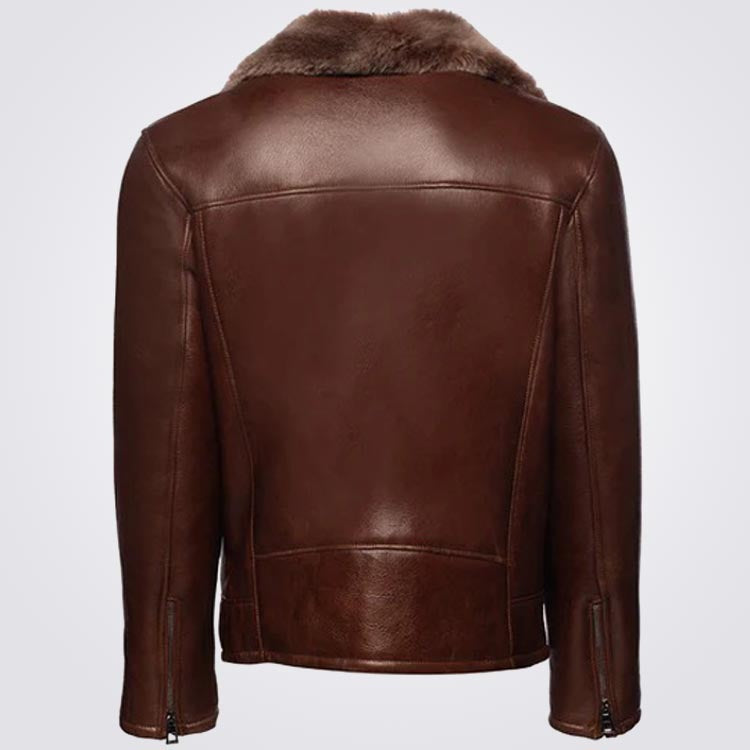 Brown Shearling Bomber Motorcycle Jacket With Lapels