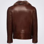 Brown Shearling Bomber Motorcycle Jacket With Lapels