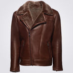 Brown Shearling Bomber Motorcycle Jacket With Lapels