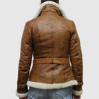 Brown pilot aviator genuine shearling leather jacket for women