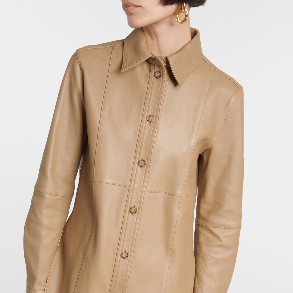 Brown Leather Button Closure Shirt For Women