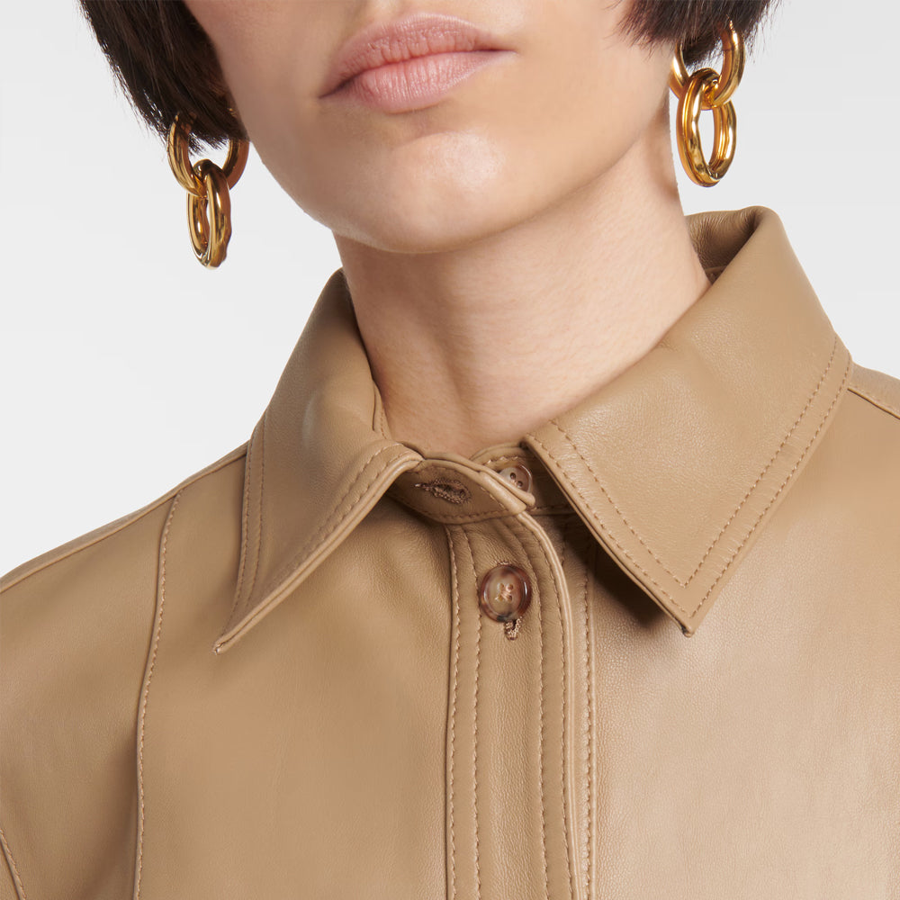Brown Leather Button Closure Shirt For Women