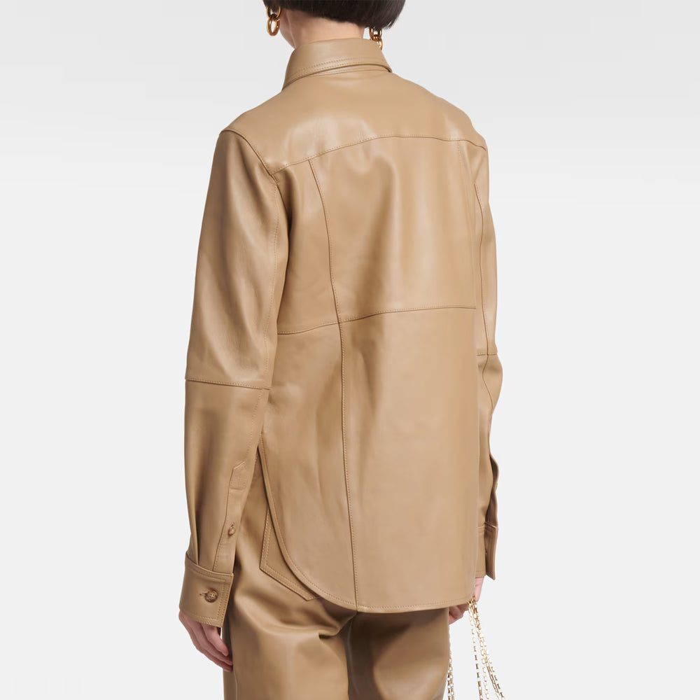 Brown Leather Button Closure Shirt For Women