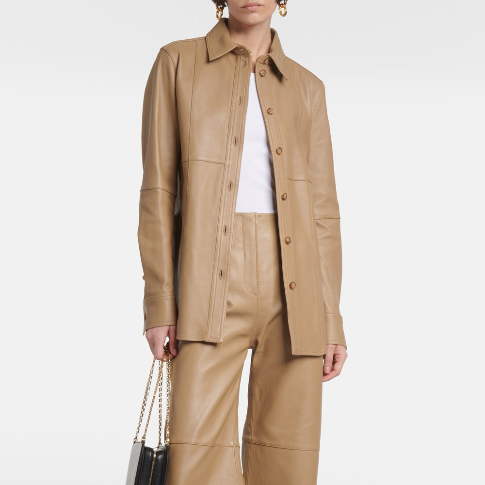 Brown Leather Button Closure Shirt For Women