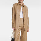 Brown Leather Button Closure Shirt For Women