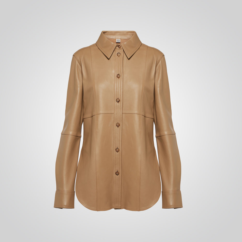 Brown Leather Button Closure Shirt For Women