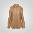 Brown Leather Button Closure Shirt For Women