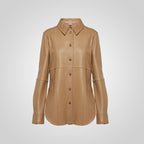 Brown Leather Button Closure Shirt For Women