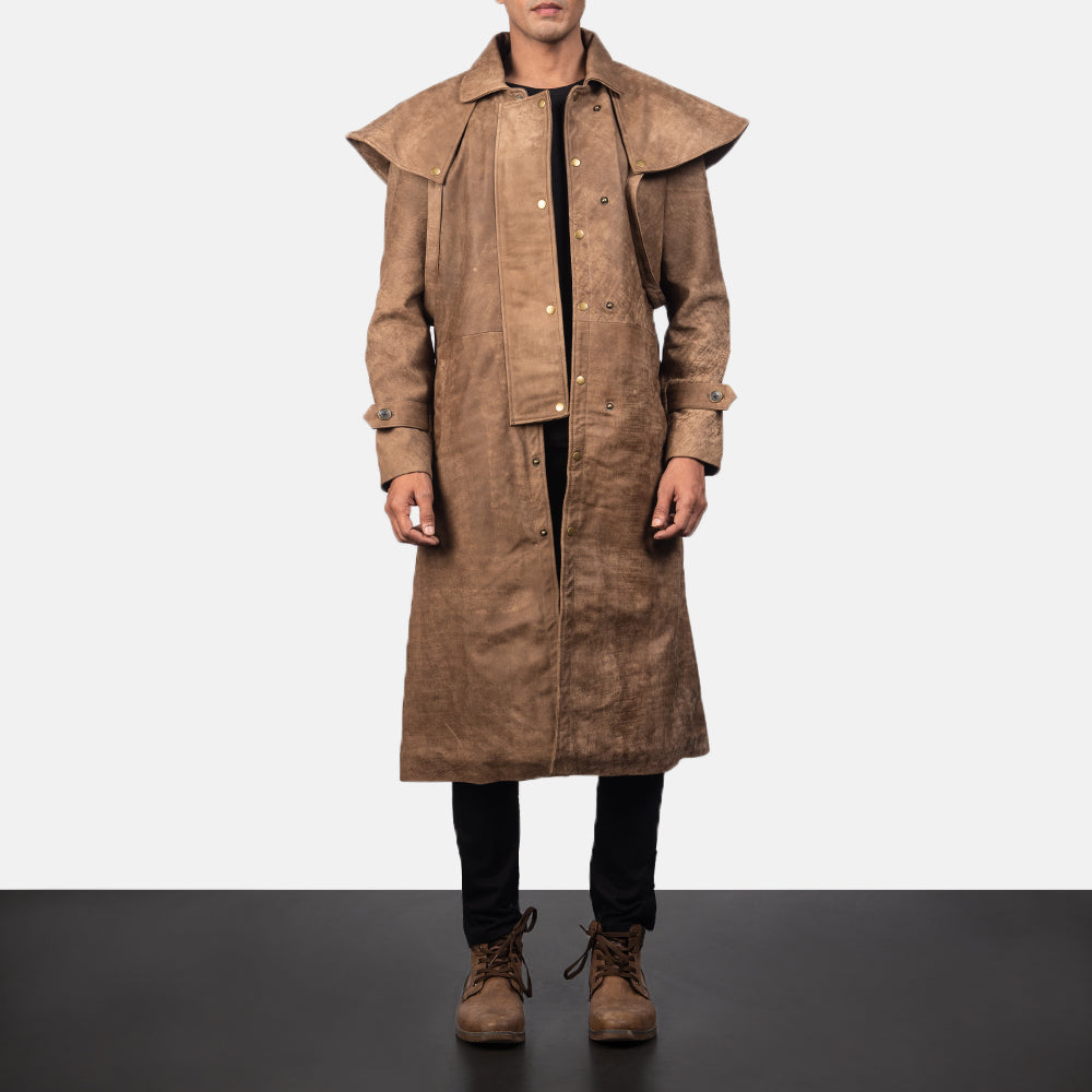 Men’s Brown Sheepskin Leather Trench Duster Coat