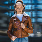 New Women Brown Sheepskin Biker Fur Collar Aviator Motorbike Leather Jacket
