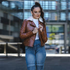 New Women Brown Sheepskin Biker Fur Collar Aviator Motorbike Leather Jacket