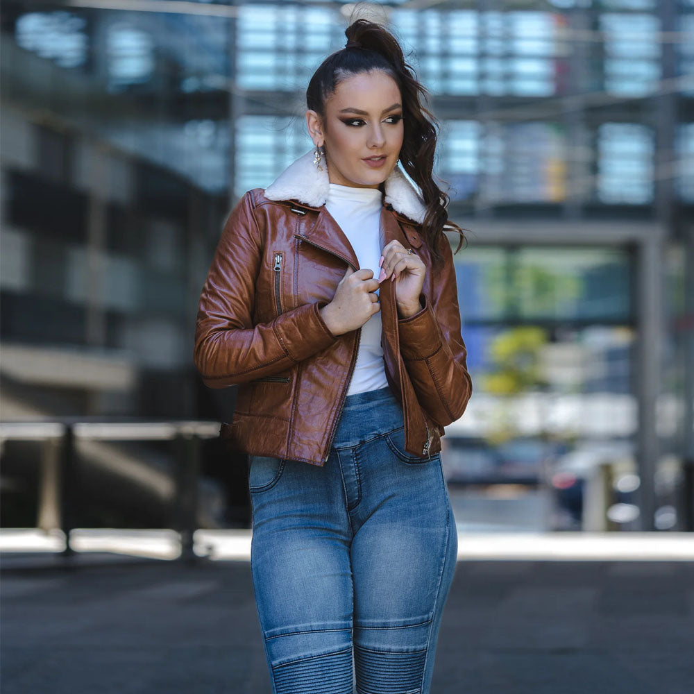 New Women Brown Sheepskin Biker Fur Collar Aviator Motorbike Leather Jacket