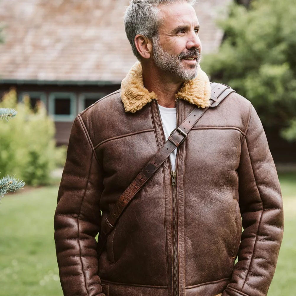 Men's Brown B3 WW2 Bomber Sheepskin Shearling Leather Jacket